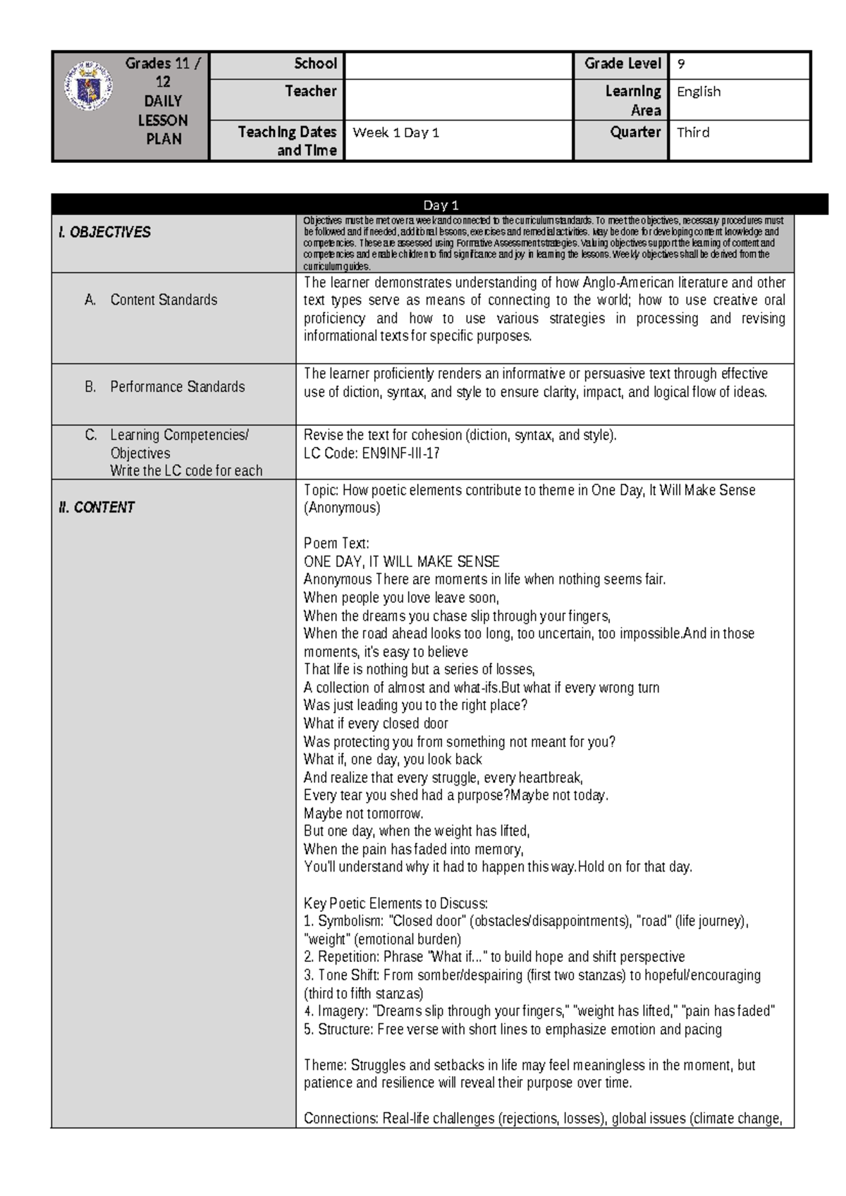 DLP-Group-1: Daily Lesson Plan for English Literature (Week 1) - Studocu