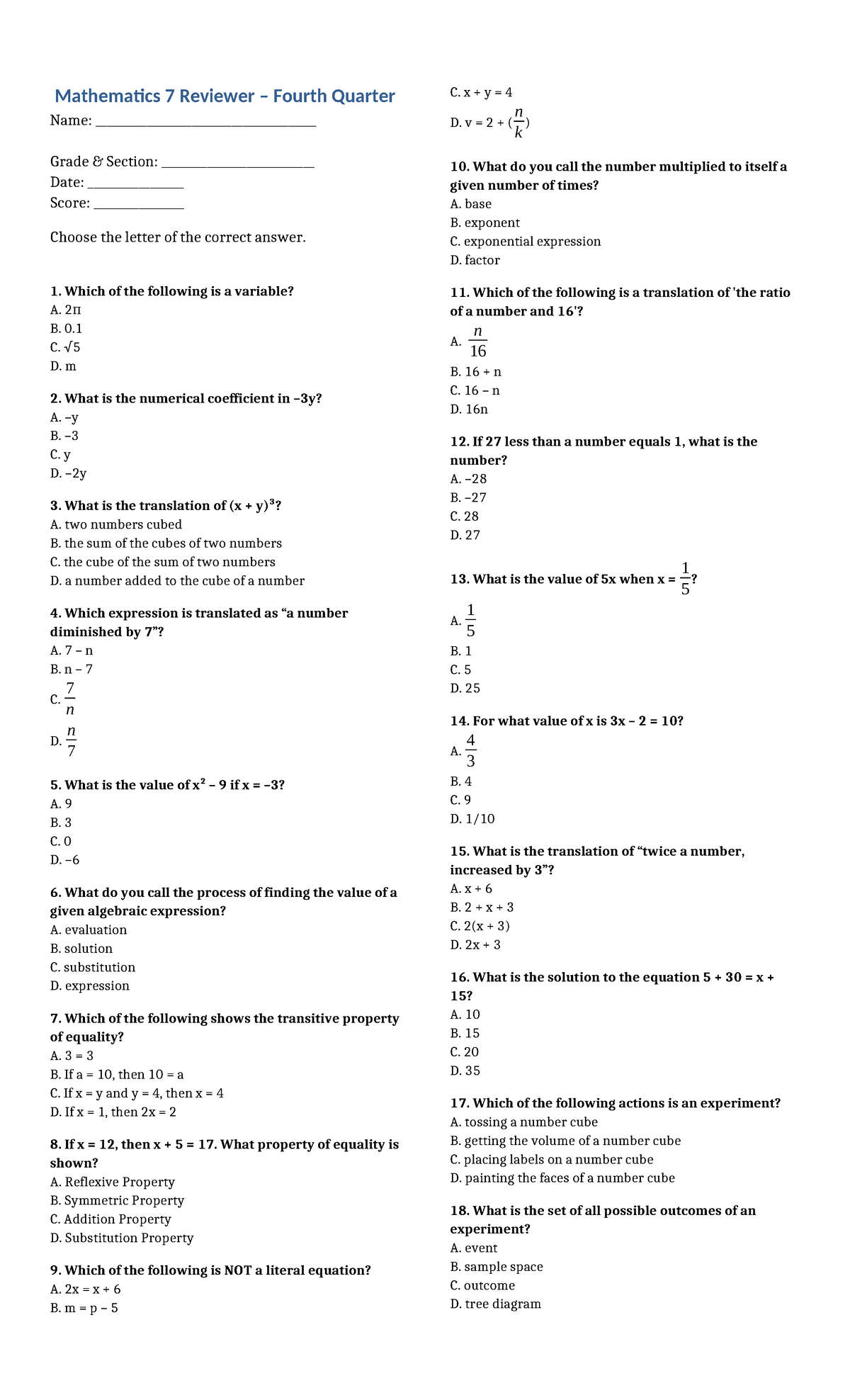 Mathematics 7 Reviewer: Fourth Quarter Exam with 48 Items - Studocu
