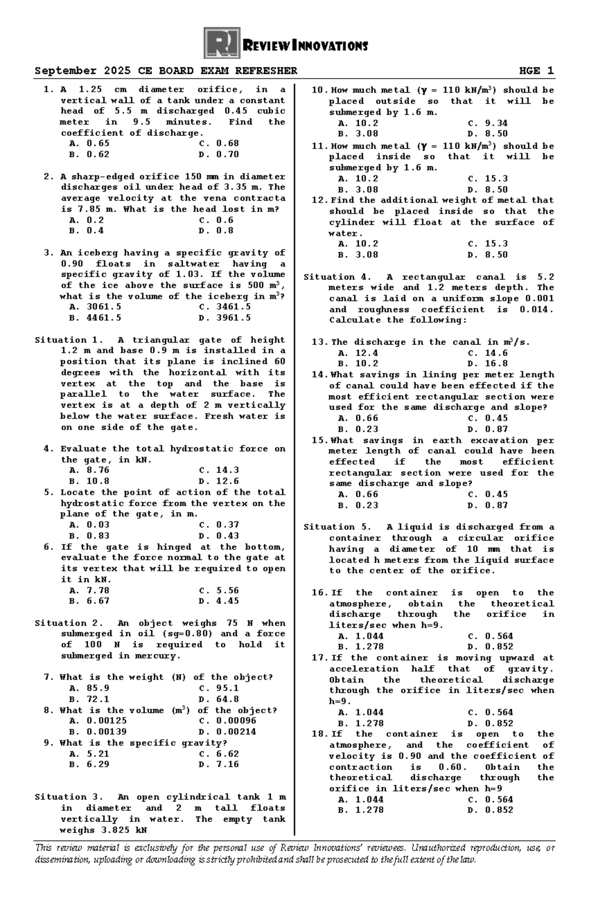 HGE 1 - CE Board Exam Refresher: Fluid Mechanics Review September 2025 ...
