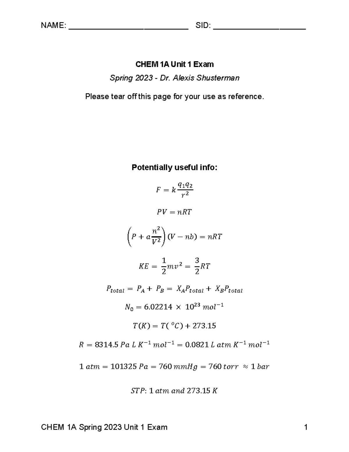 CHEM 1A Spring 2023 Practice Midterm 1 Exam Review - Studocu