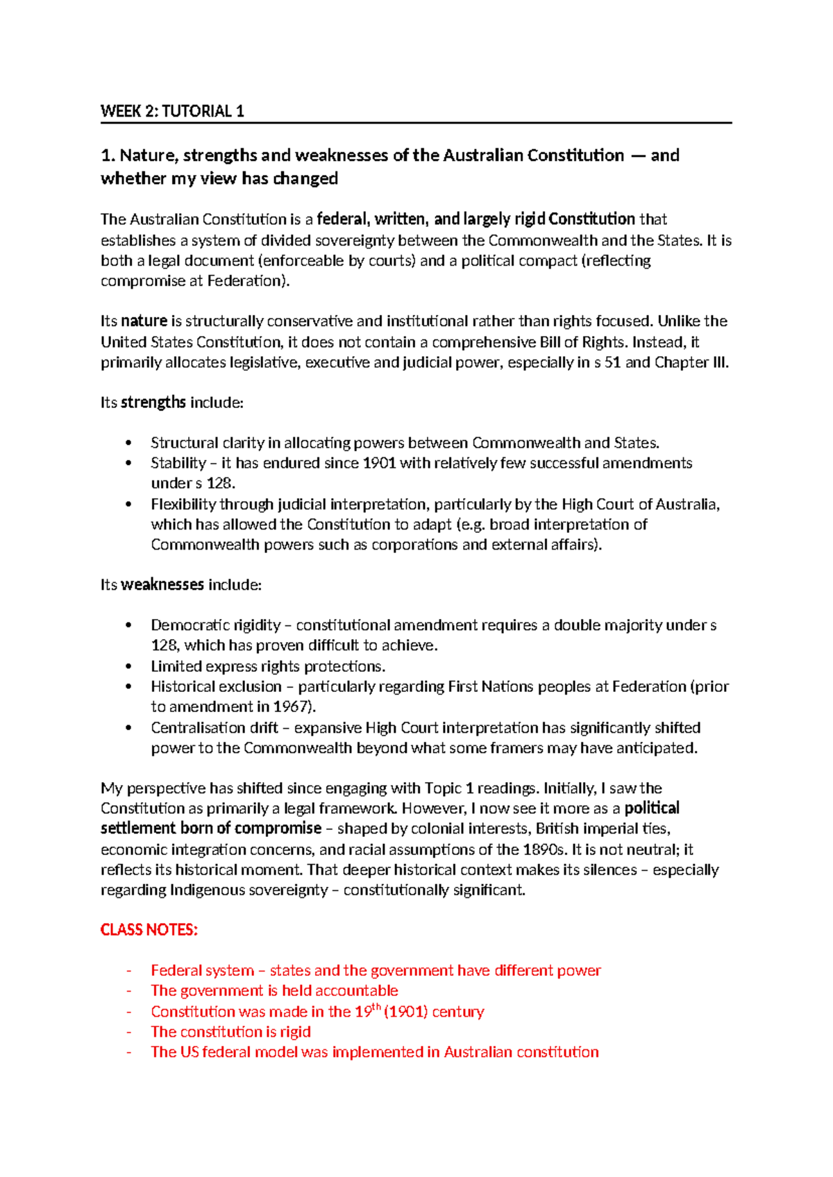 Constitutional Law Tute Notes: Week 2 & 3 Overview - Studocu