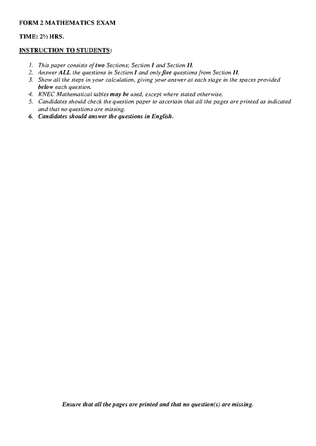 FORM 2 MATHEMATICS EXAM - ASSIGNMENT QUESTIONS & INSTRUCTIONS - Studocu