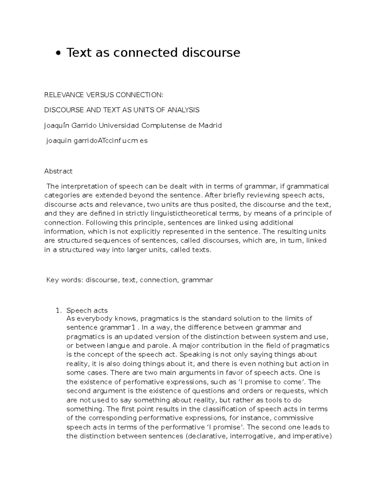 Reading and writing skills - Text as connected discourse RELEVANCE ...