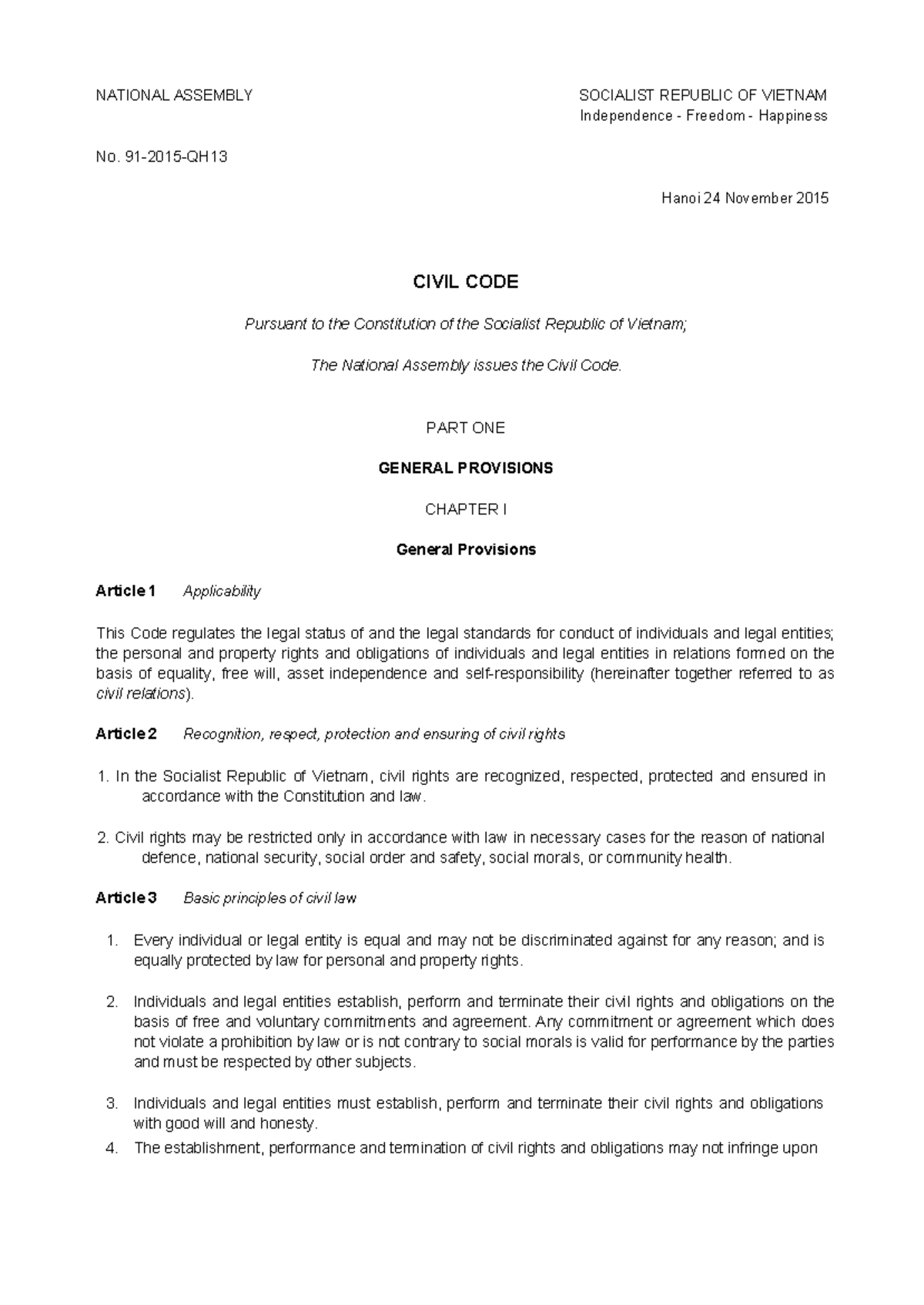 Civil Code of Vietnam - General Provisions and Legal Framework - Studocu