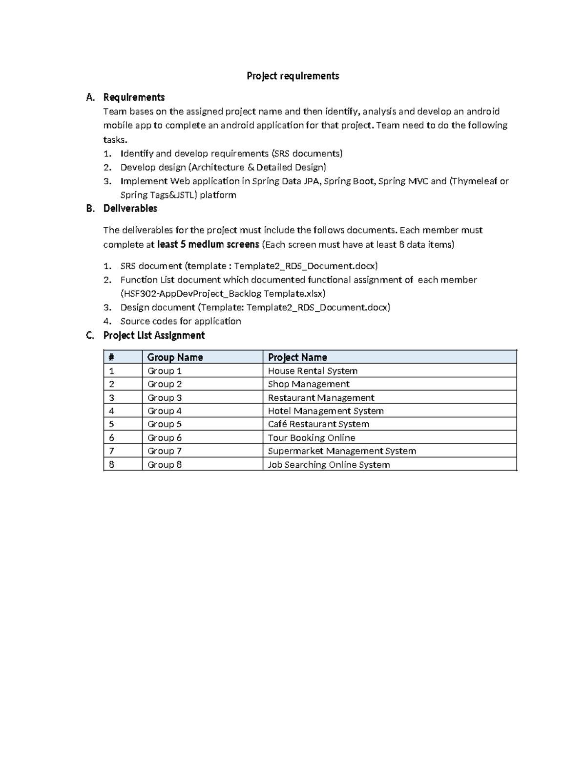 HSF302 Project Requirements for Android App Development and ...