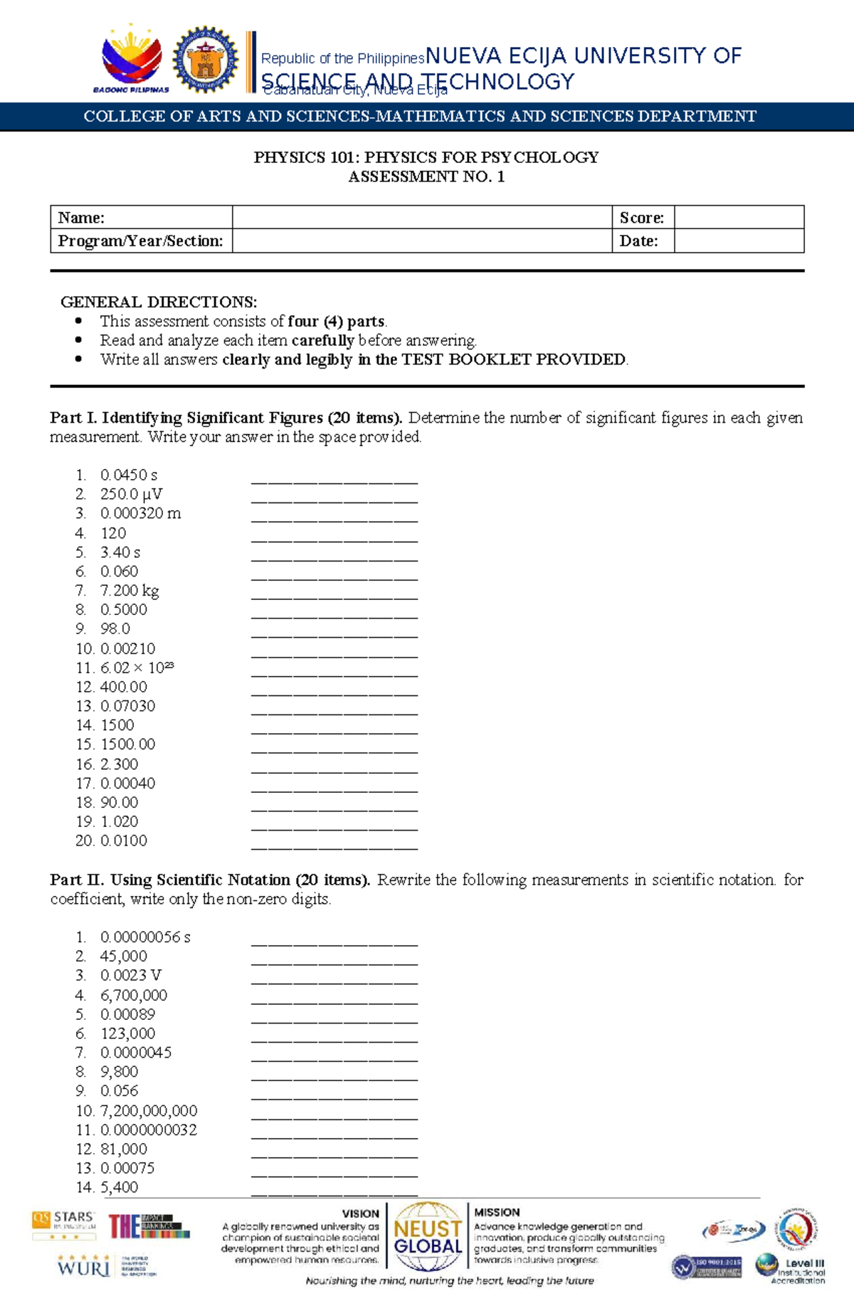 PHYS 101: Assessment 1 - Significant Figures & Scientific Notation ...