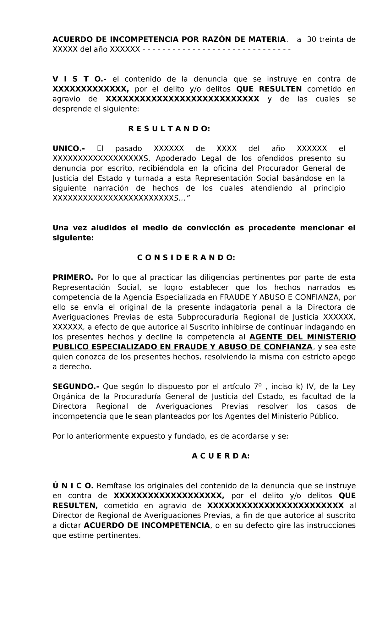 ACUERDO DE INCOMPETENCIA POR RAZÓN DE MATERIA - Análisis Legal - Studocu