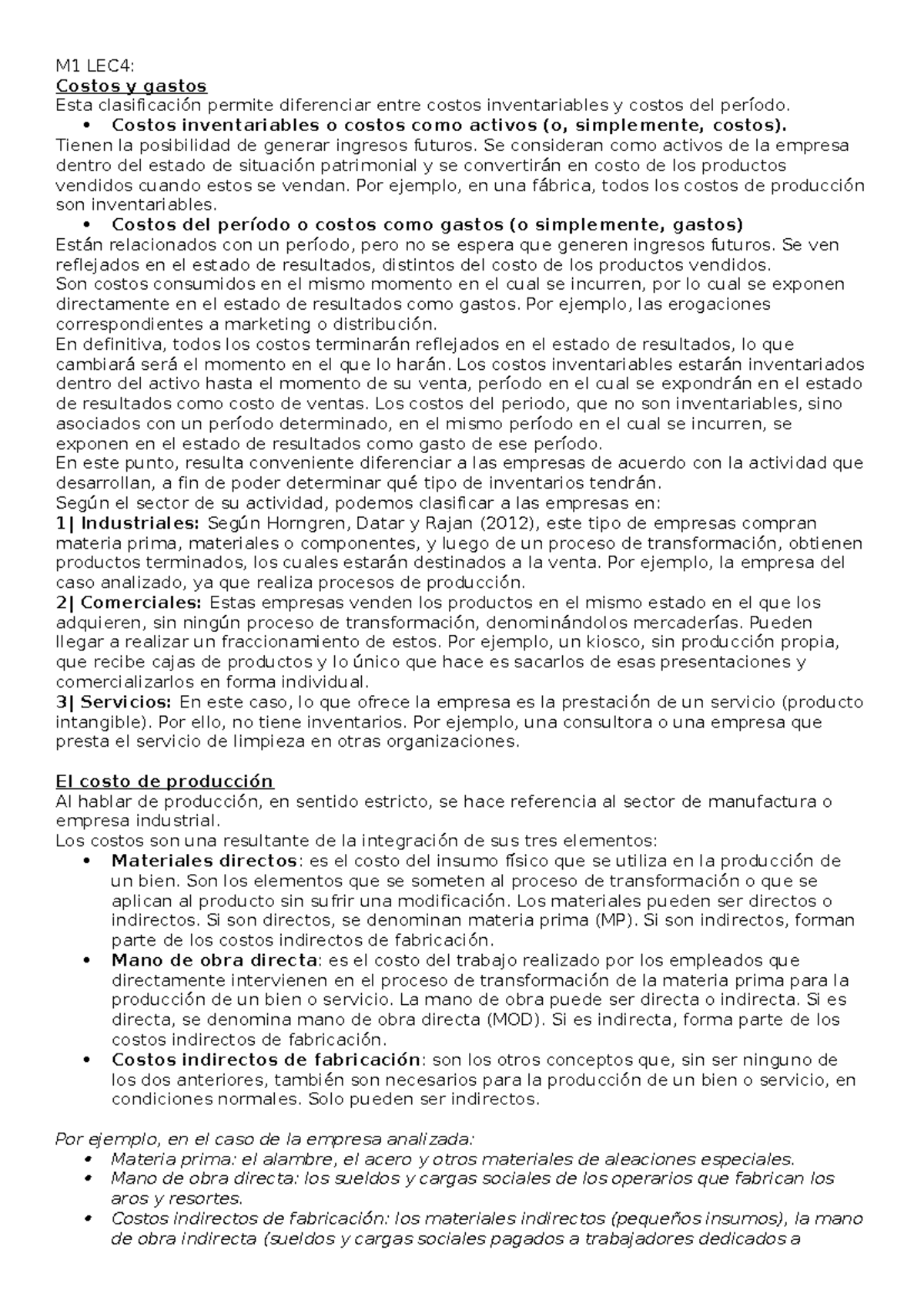 M1 LEC4: Clasificación de Costos y Gastos en Empresas - Studocu