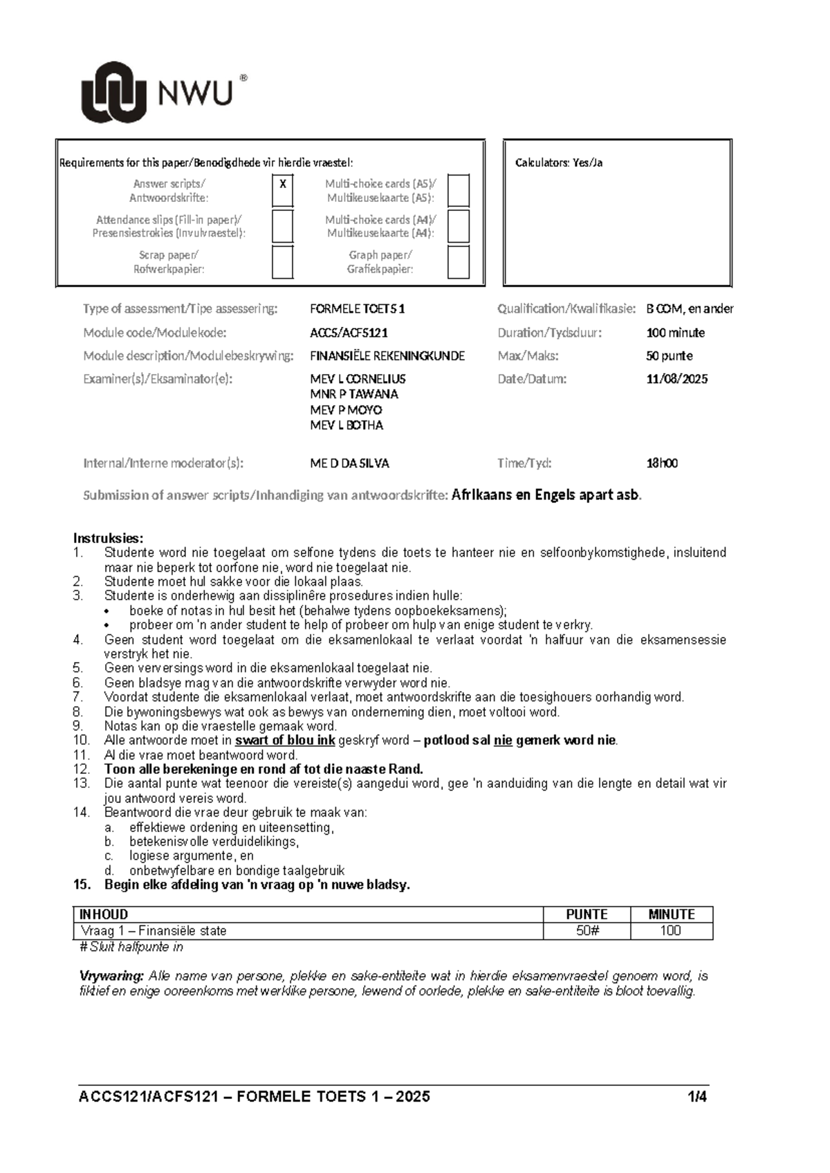 ACCS 121 Formal Test 1 2025: Financial Accounting Requirements - Studocu