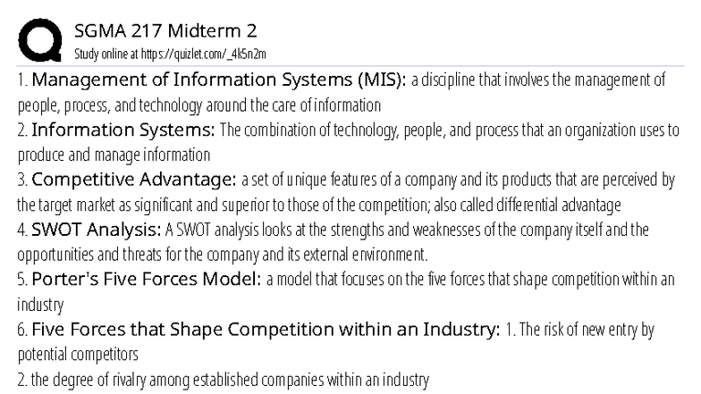 SGMA 217 Midterm 2 Study Guide: Key Concepts in MIS and Strategy - Studocu