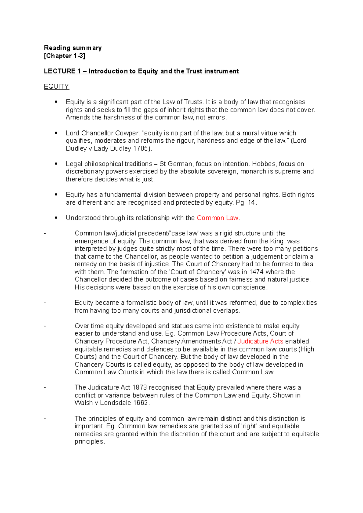 Intro to equity and trusts - Reading summary [Chapter 1-3] LECTURE 1 ...