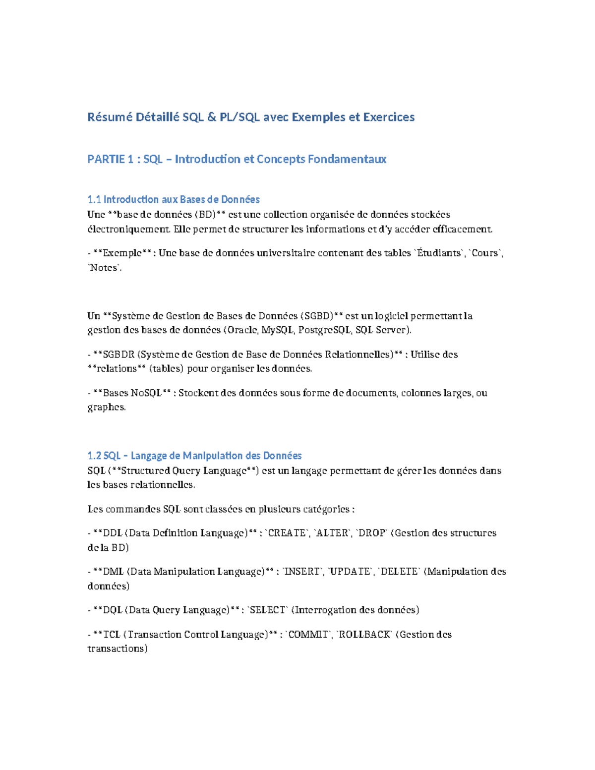 Résumé Complet SQL & PL/SQL avec Exercices Pratiques FR - Studocu