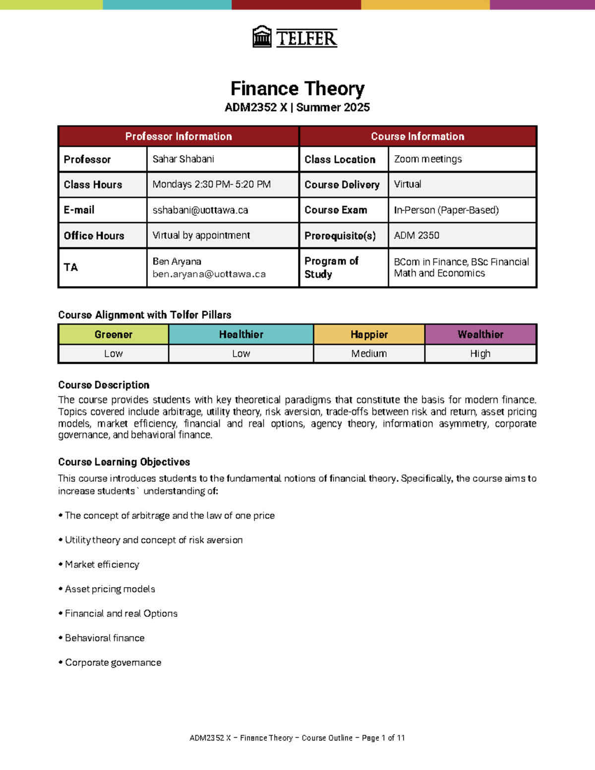 ADM2352 X Finance Theory Course Outline - Summer 2025 - Studocu