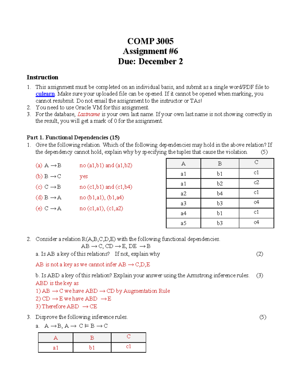 20F-A6 SOL - assignment 6 - COMP 3005 Assignment Due: December 2 ...