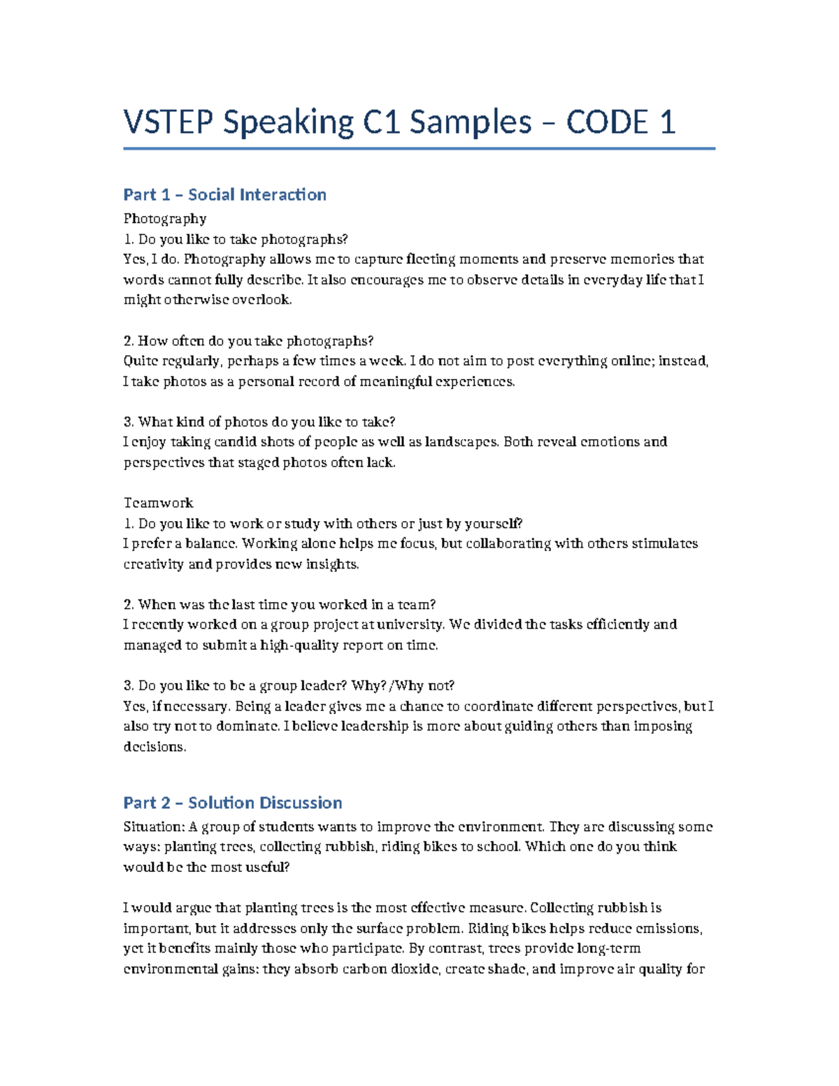 VSTEP Speaking C1 Samples: Social Interaction & Teamwork Insights - Studocu