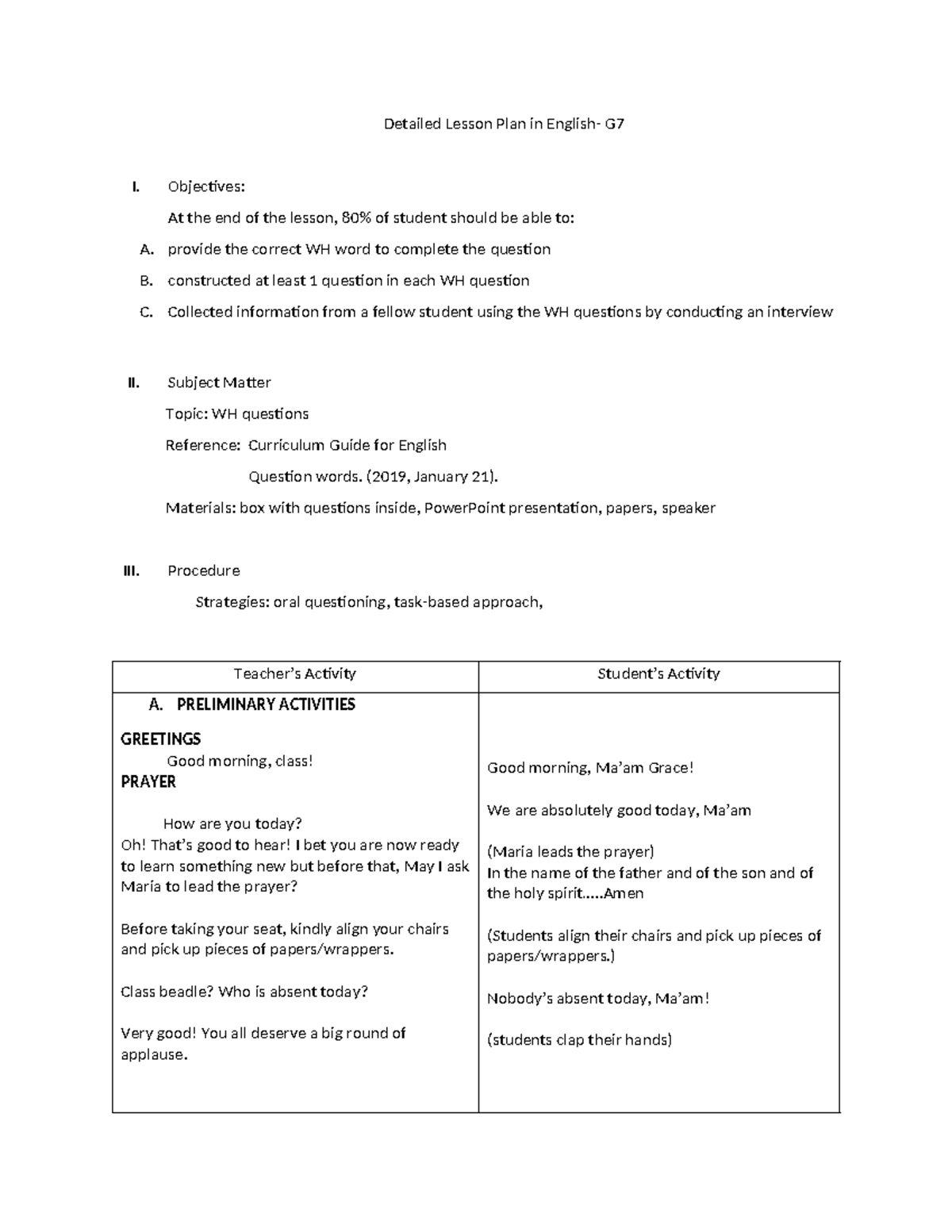G7 Detailed Lesson Plan: Understanding WH Questions - Studocu