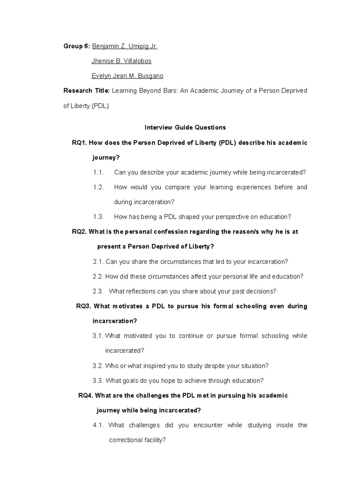 Group 6: Interview Guide on Learning Beyond Bars for PDLs - Studocu