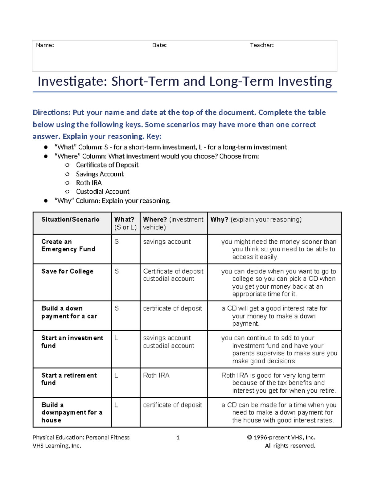 01 04 short long term investing - Name: Date: Teacher: Investigate ...