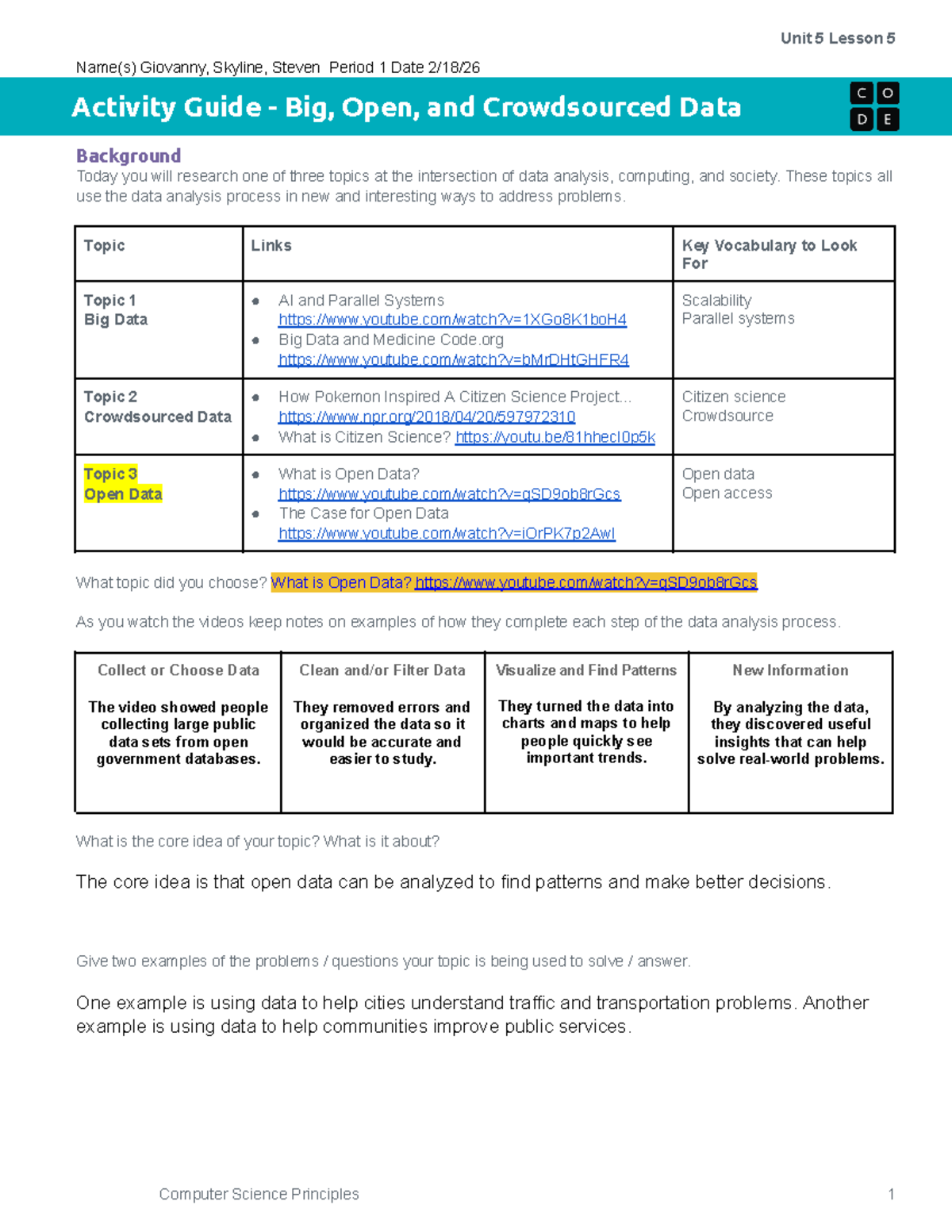 Activity Guide: Big, Open, and Crowdsourced Data - CS1 Unit 5 Lesson 5 ...
