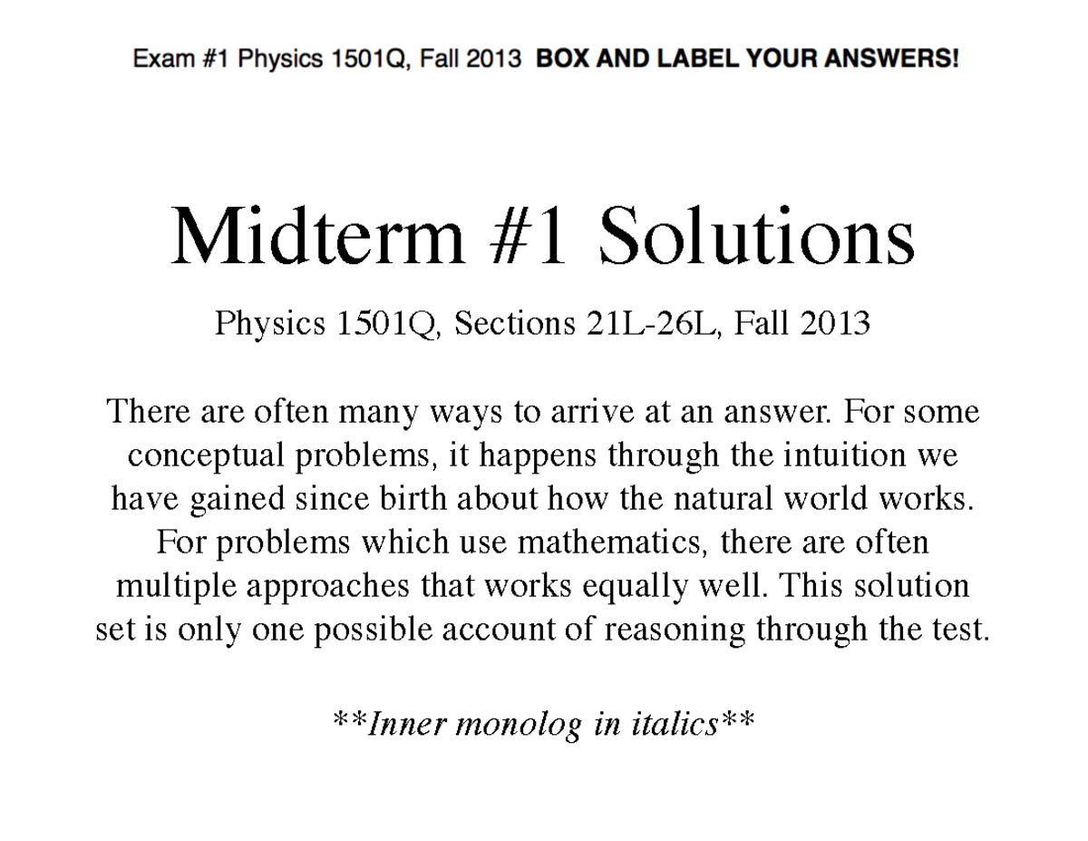 Physics 1501Q Midterm #1 Solutions - Fall 2013 Exam Review - Studocu