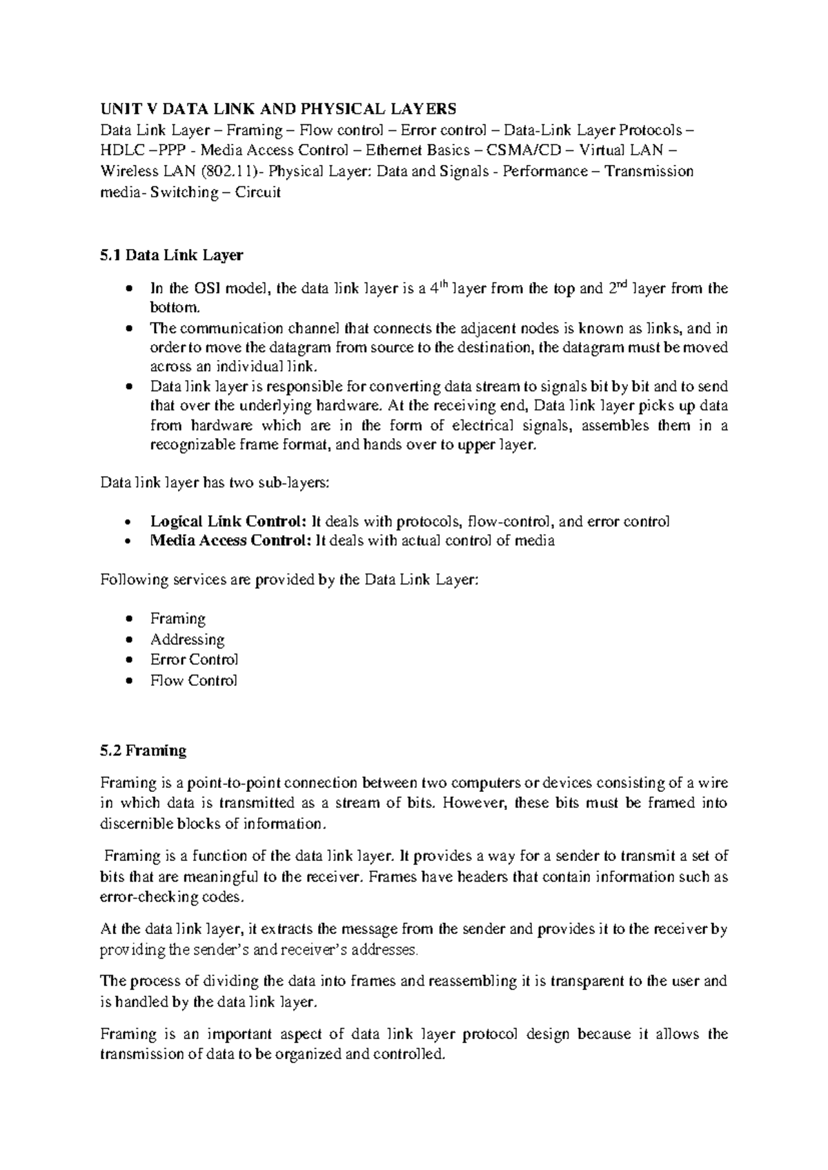 CN 5: Data Link & Physical Layers Overview and Protocols - Studocu