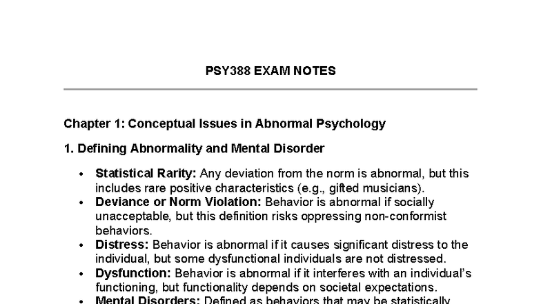 PSY388 EXAM NOTES: Abnormal Psychology Concepts and Disorders - Studocu
