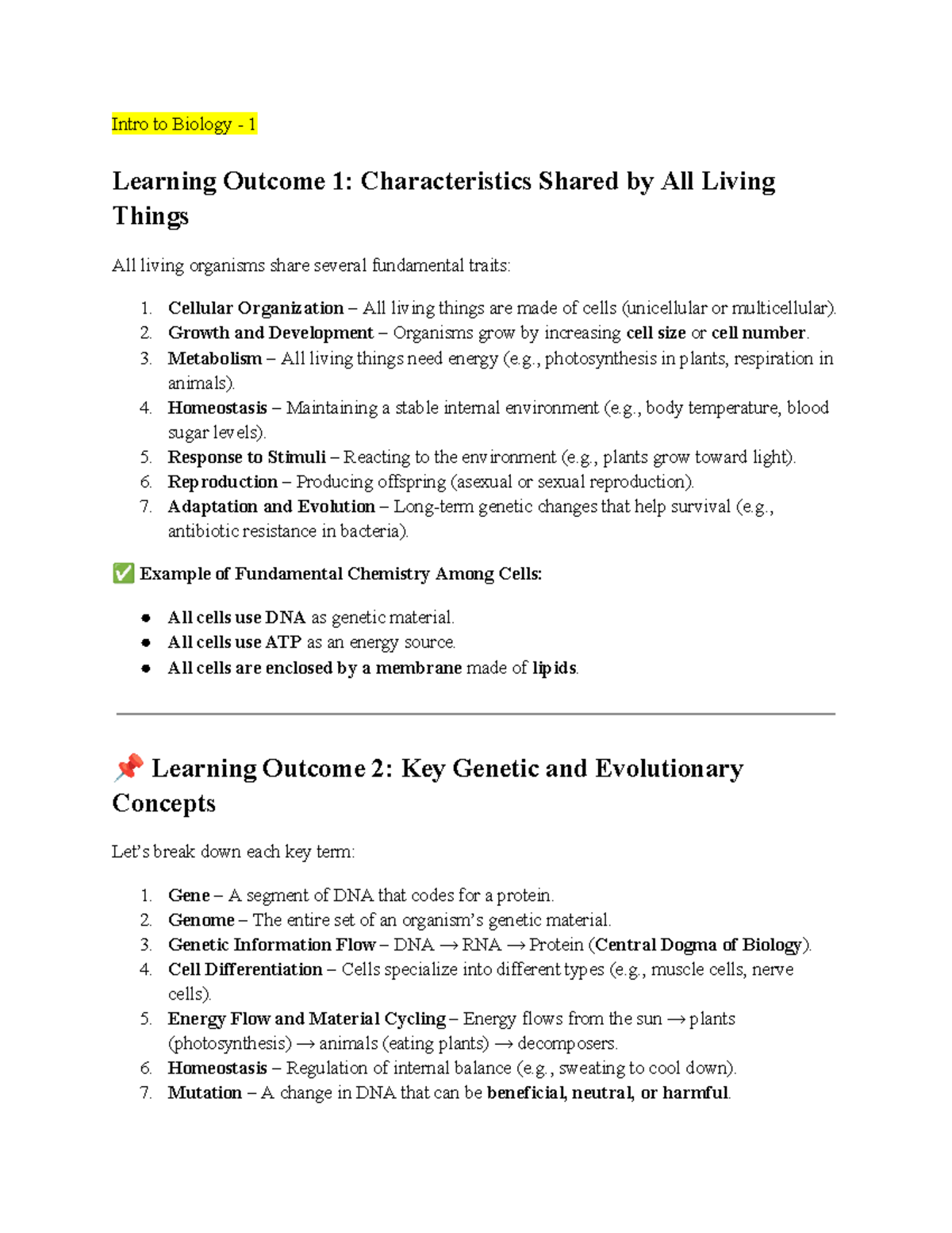 Midterm Notes for Intro to Biology 1: Key Concepts and Learning ...