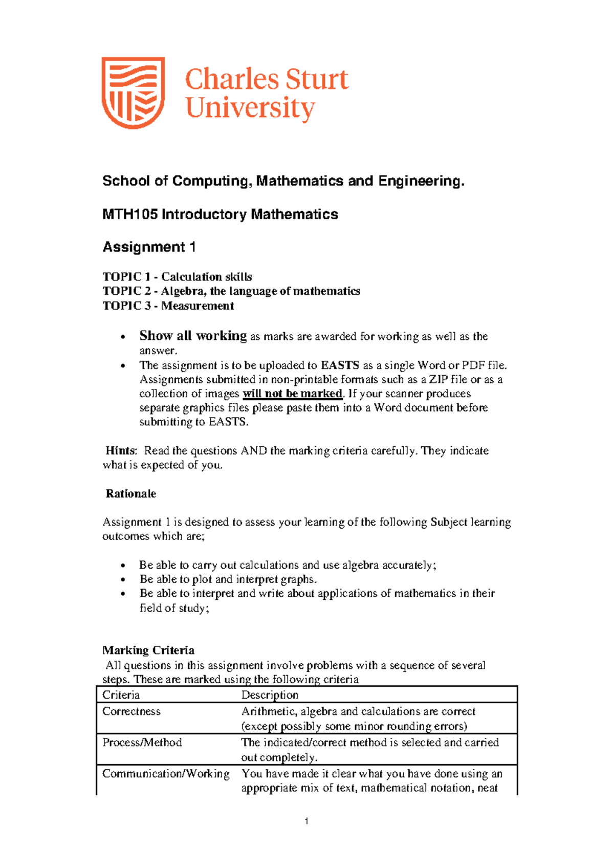 MTH105 202230 Assignment 1: Introductory Mathematics Assessment - Studocu