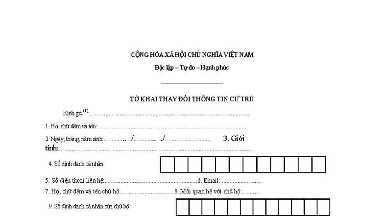 Mẫu Tờ Khai Thay Đổi Thông Tin Cư Trú CT01 - Studocu
