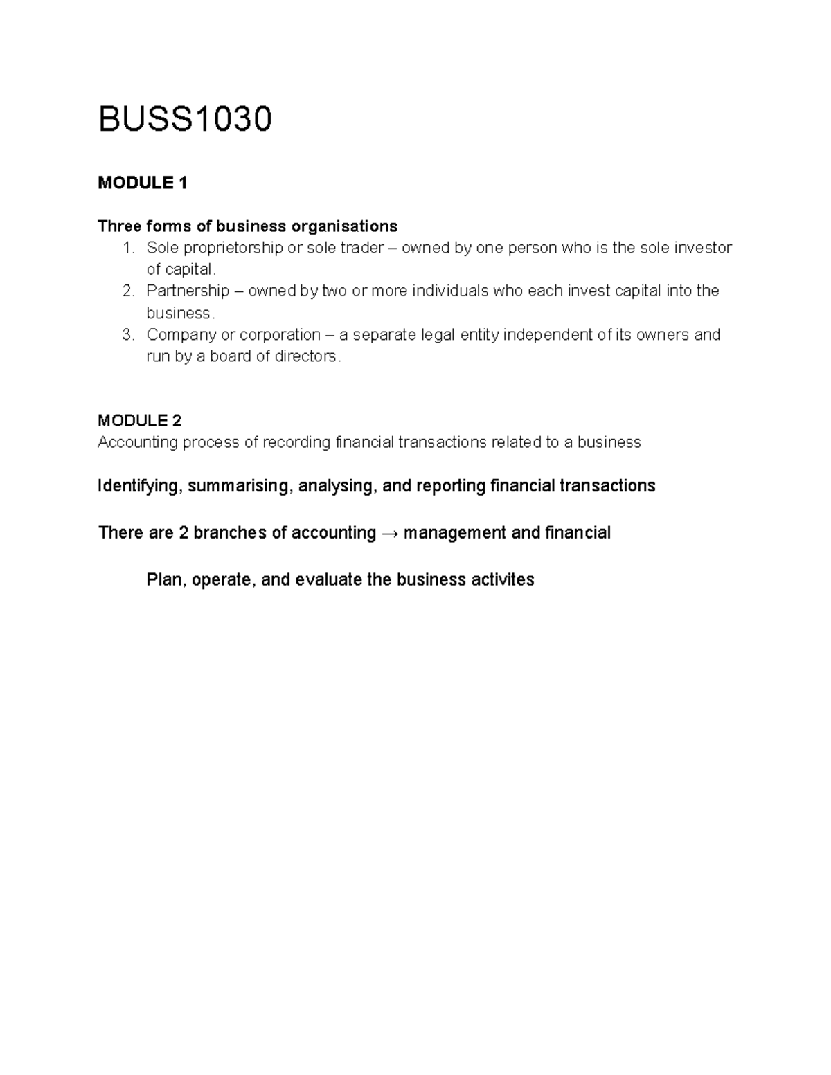 BUSS1030 - Module 1 & 2: Business Structures & Accounting Processes ...
