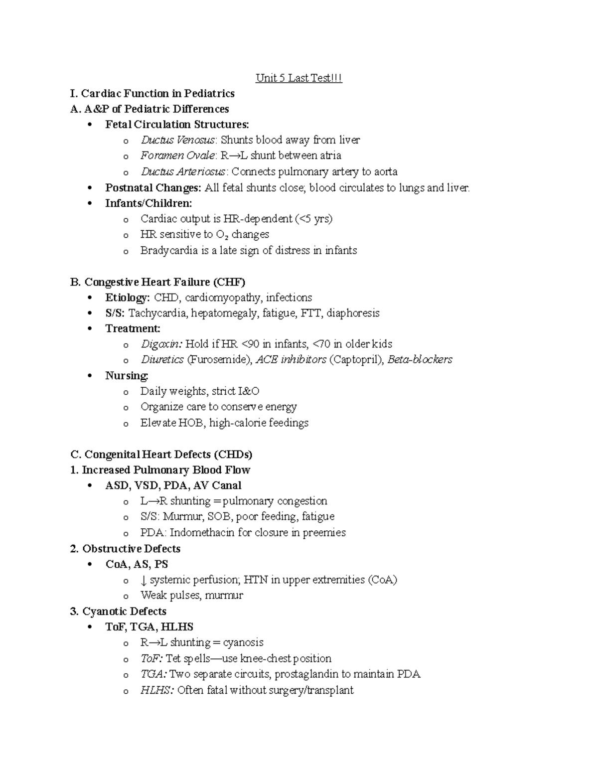 Unit 5 Learning Objectives: Cardiac Function & Pediatric Hematology ...