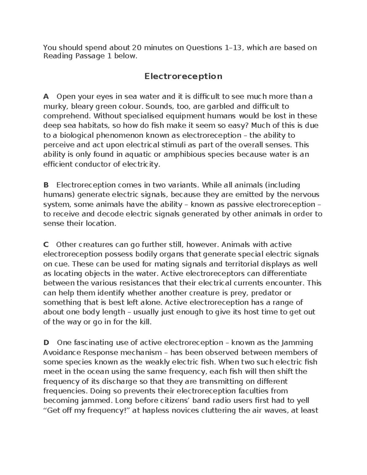 Electroreception - reading - You should spend about 20 minutes on ...