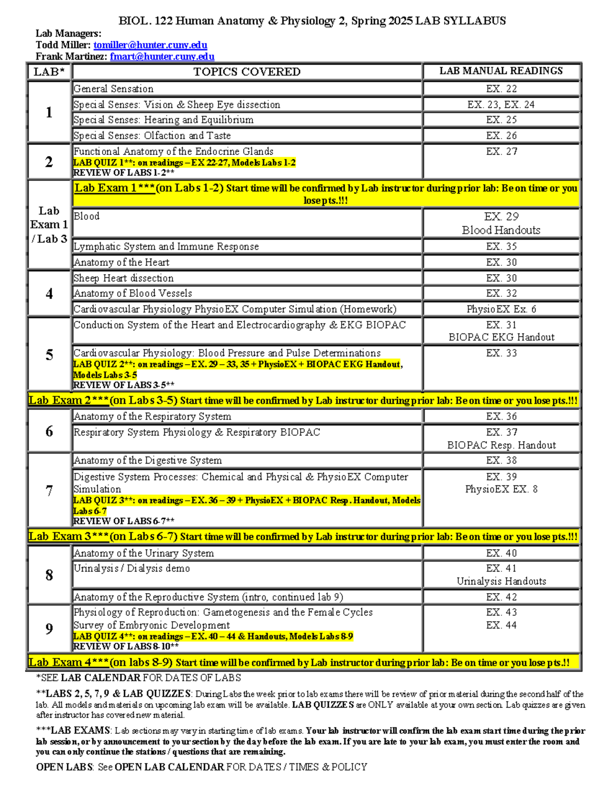 BIOL 122 Spring 2025 Human Anatomy & Physiology 2 Lab Syllabus - Studocu