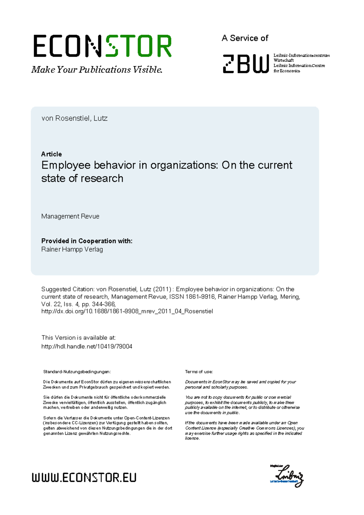 OER 2 - Employee Behavior in Organizations: Current Research Insights ...