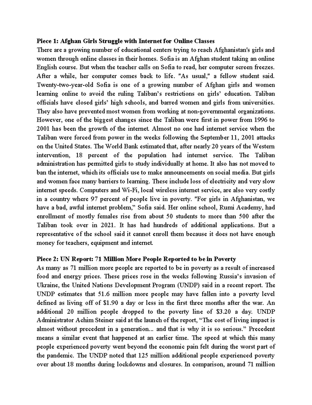 Script piece 1 and piece 2 - Piece 1: Afghan Girls Struggle with ...