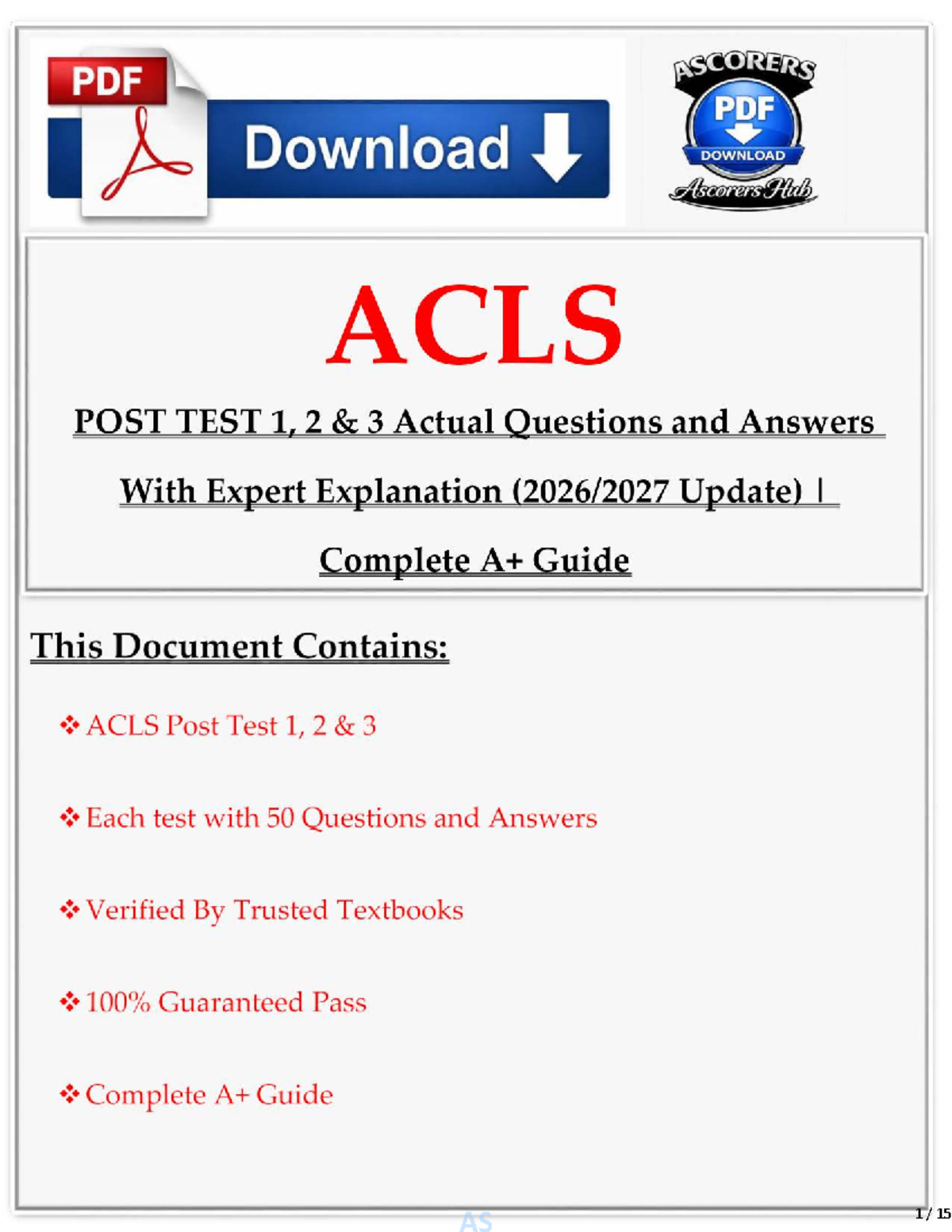ACLS POST TEST 1, 2 & 3: Actual Q&A with Expert Explanations (2026-2027 ...