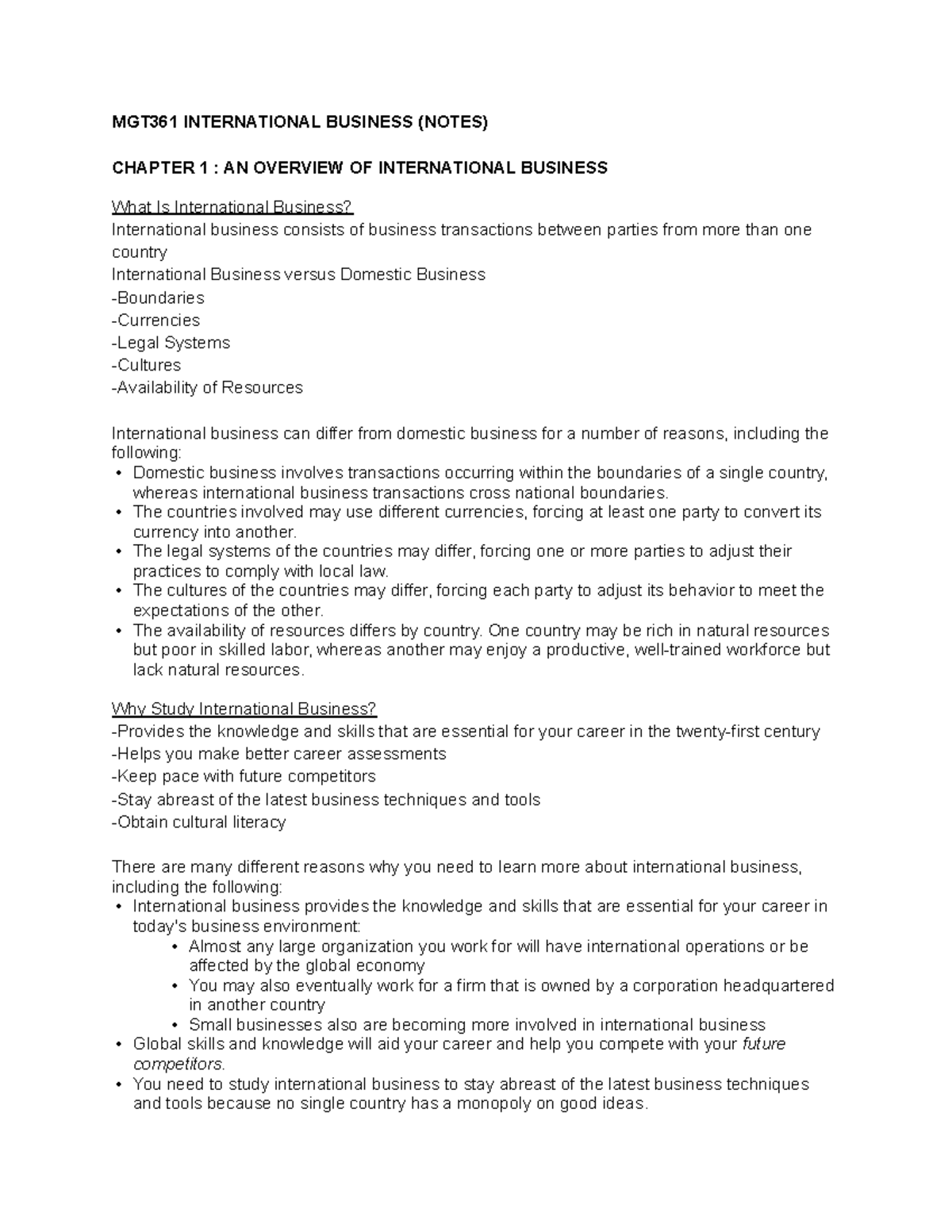 MGT361 International Business: Overview & Trade Theories Notes - Document Preview