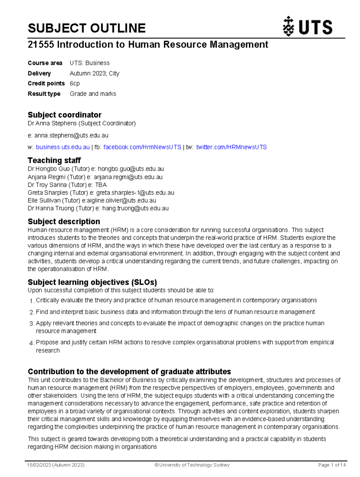 HRM-21555 Subject Outline: Intro to Human Resource Management - Studocu