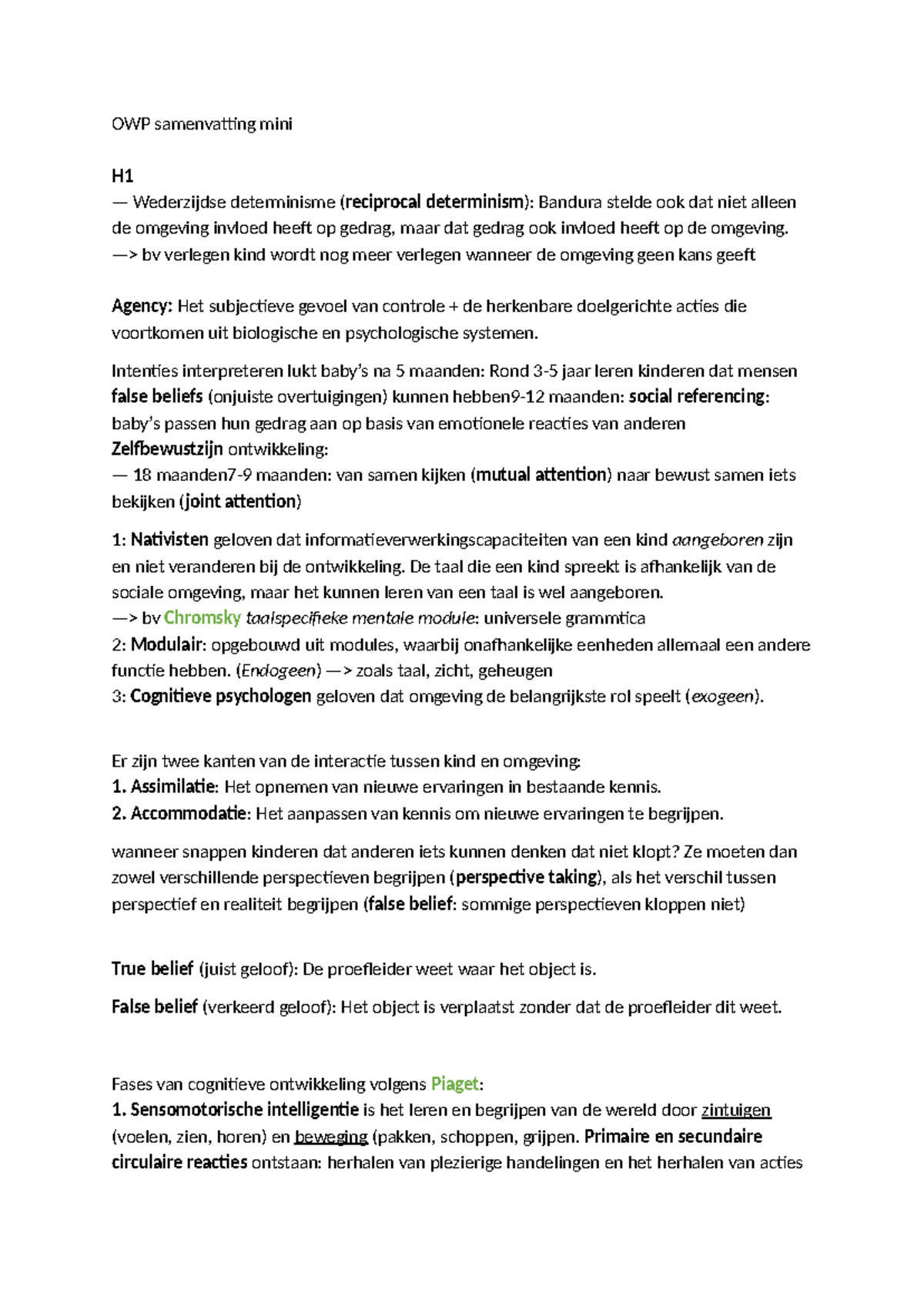 OWP Samenvatting Mini: Ontwikkeling en Cognitie in Kinderen - Studeersnel