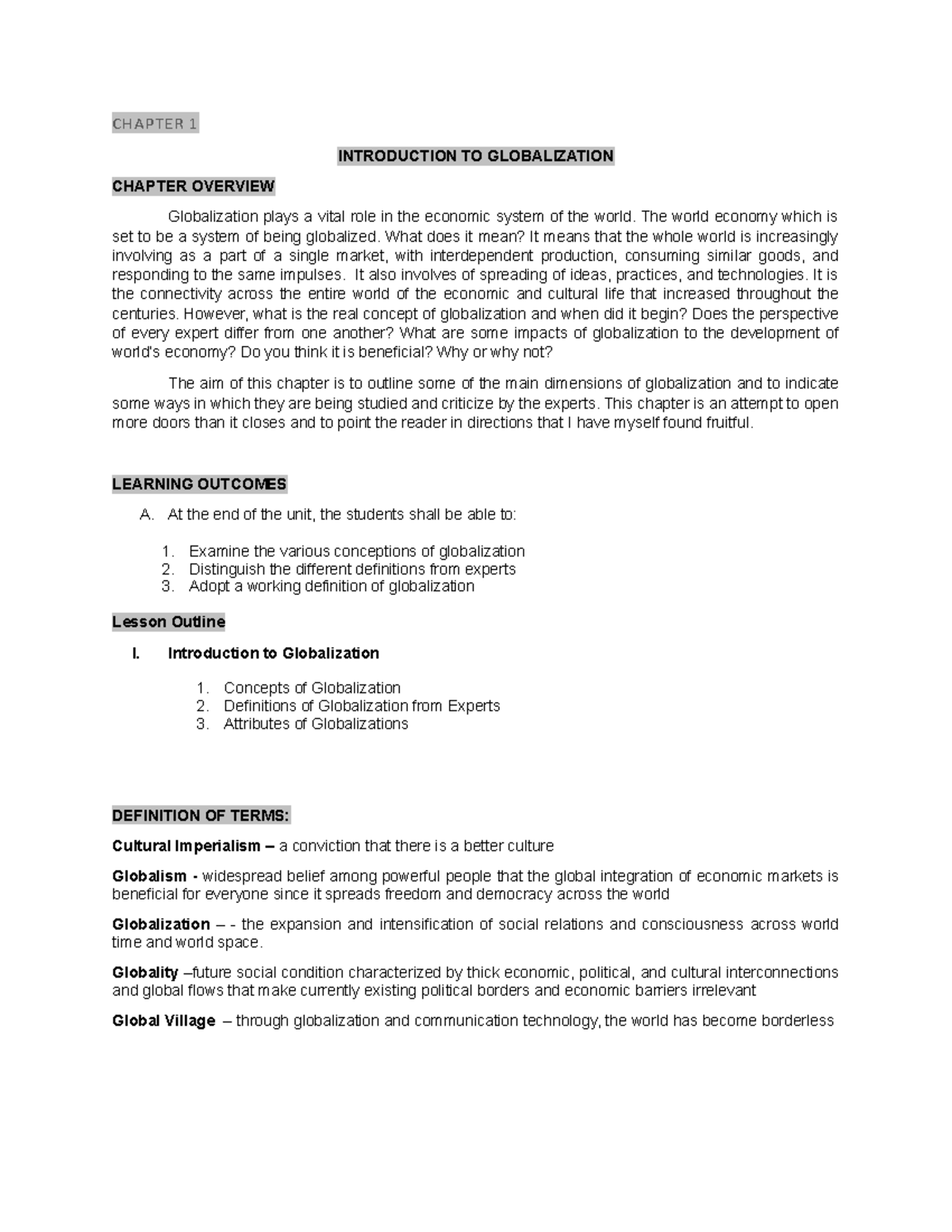 Chapter-1-TCW - nvvvn - CHAPTER 1 INTRODUCTION TO GLOBALIZATION CHAPTER ...