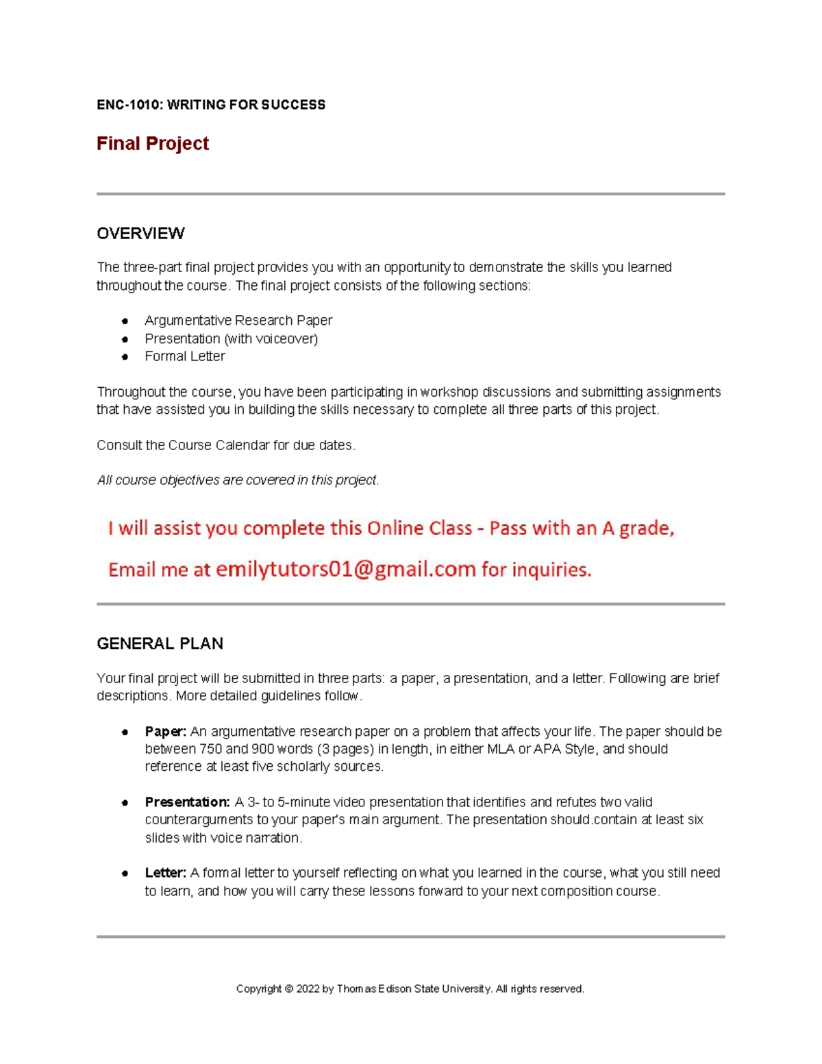 ENC 1010 Final Project Overview: Argumentative Paper & Presentation ...