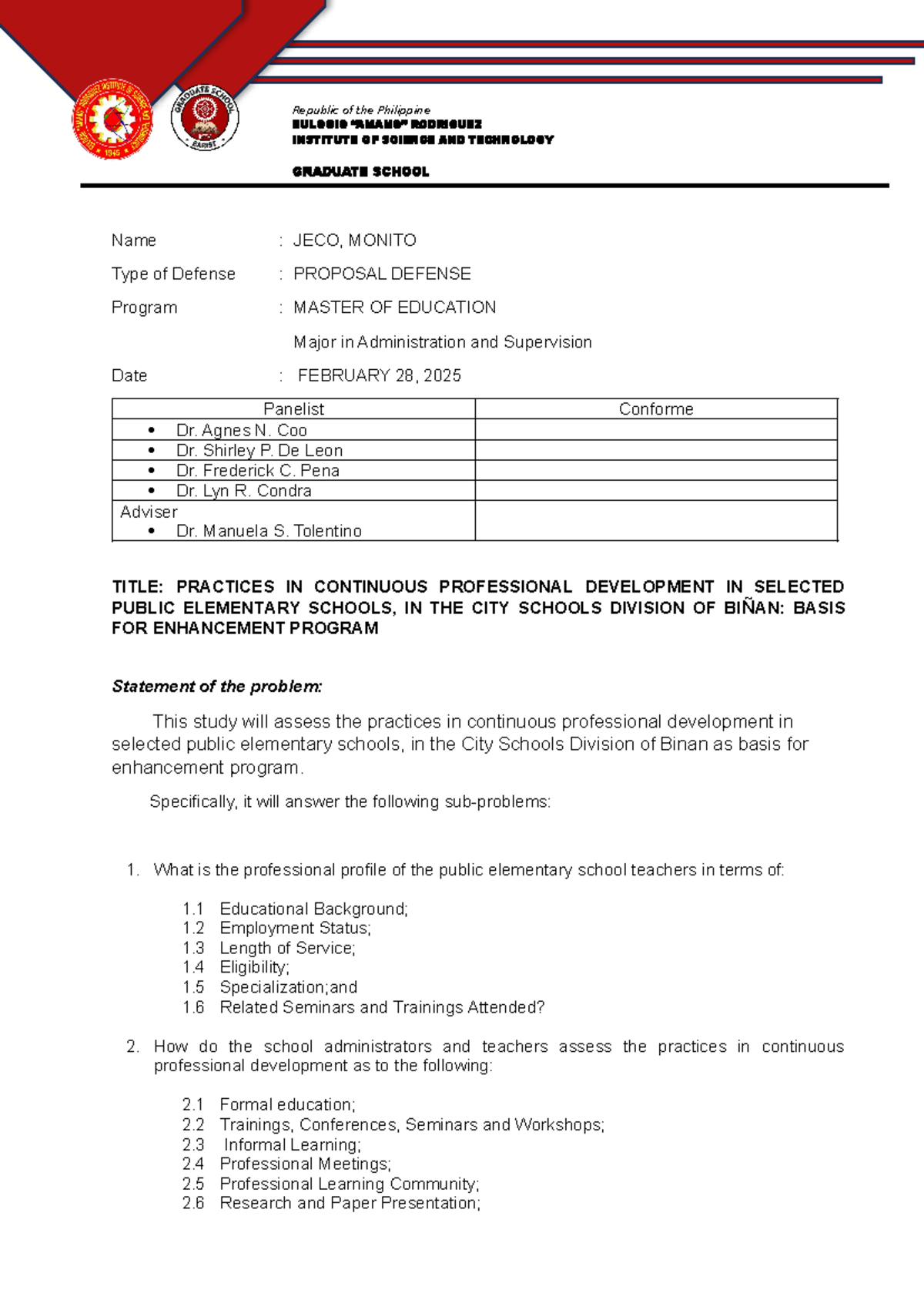 Rapporteur Report - Name : JECO, MONITO Type of Defense : PROPOSAL ...