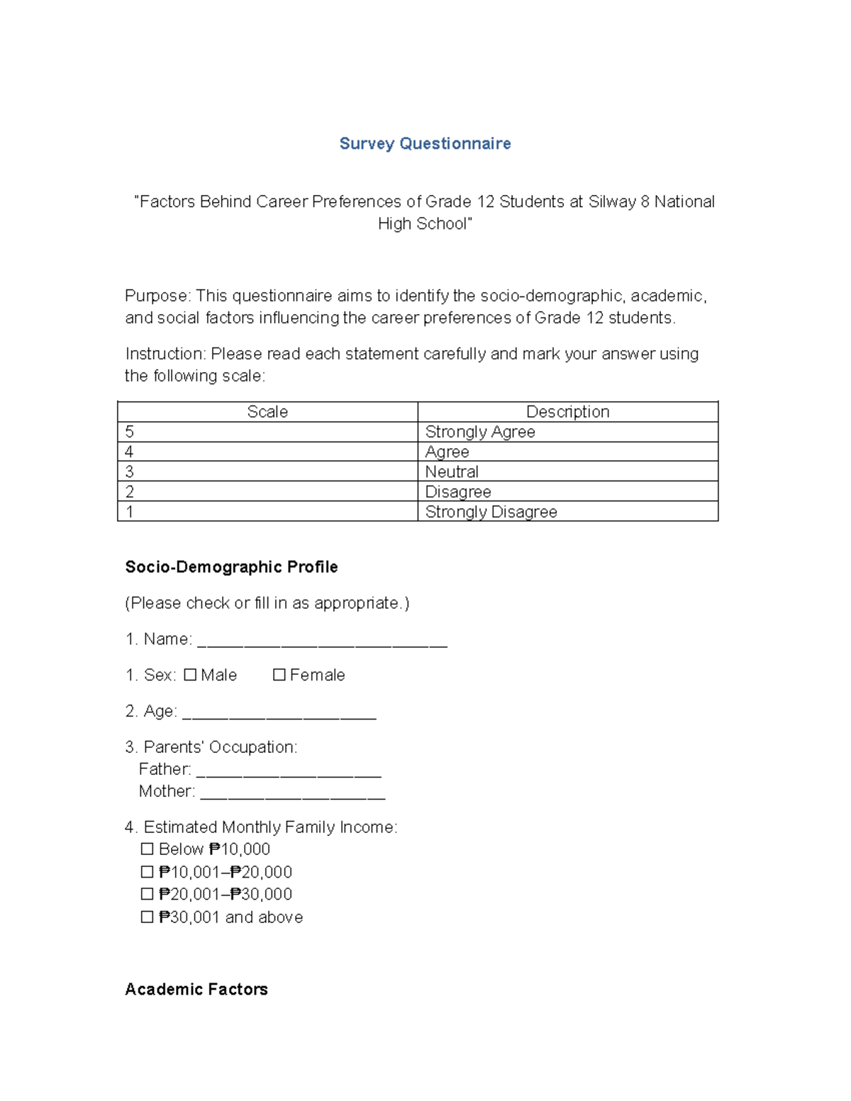 Factors Influencing Career Preferences: Grade 12 Survey Questionnaire ...