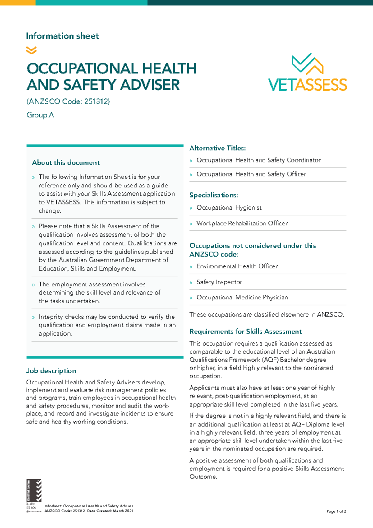 Infosheet: Occupational Health and Safety Adviser (ANZSCO 251312 ...