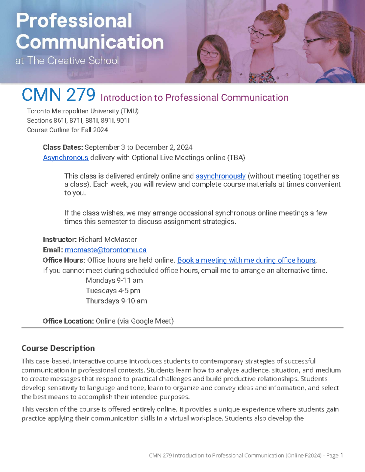 CMN 279 Professional Communication Course Outline (Online F2024) - Studocu