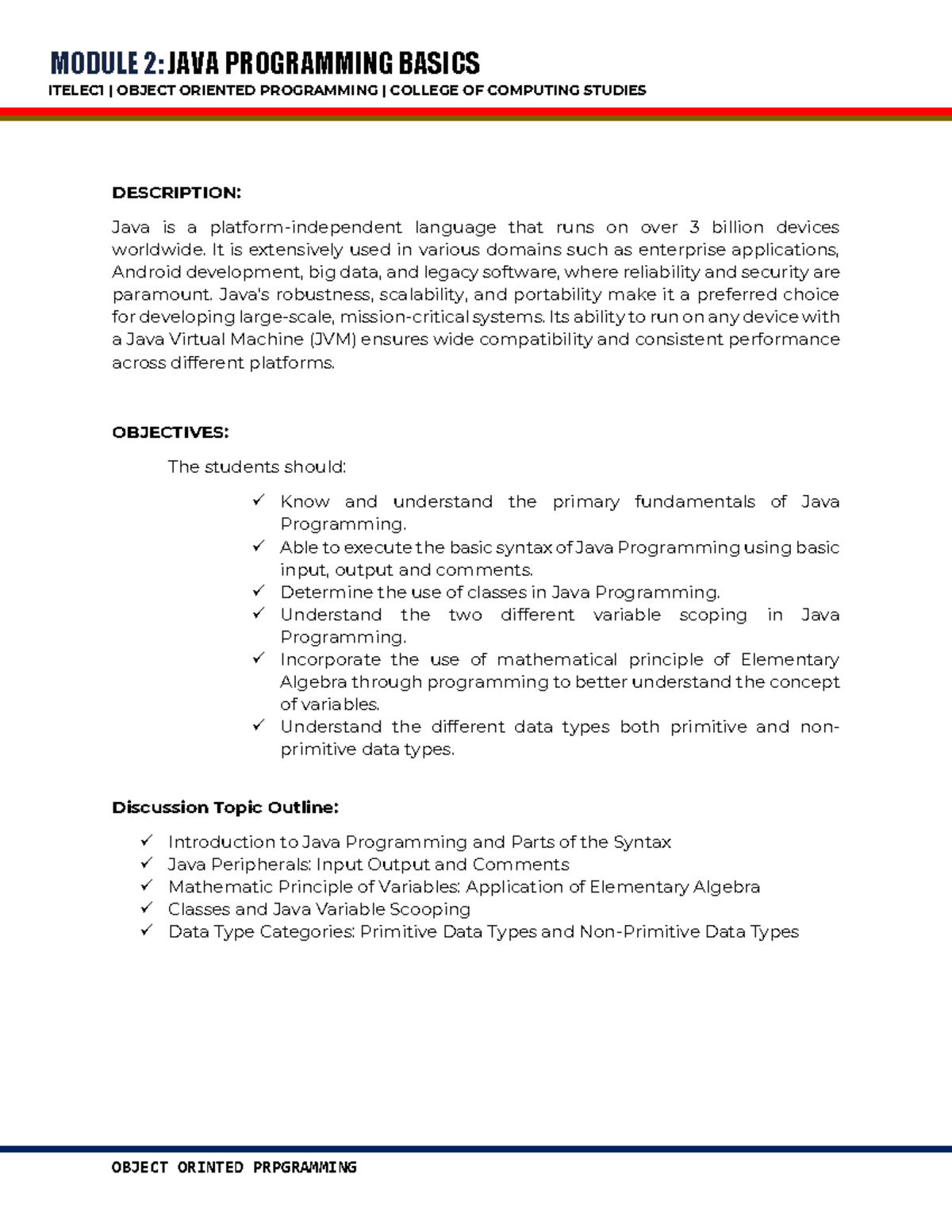 JAVA002 - java - ITELEC1 | OBJECT ORIENTED PROGRAMMING | COLLEGE OF ...