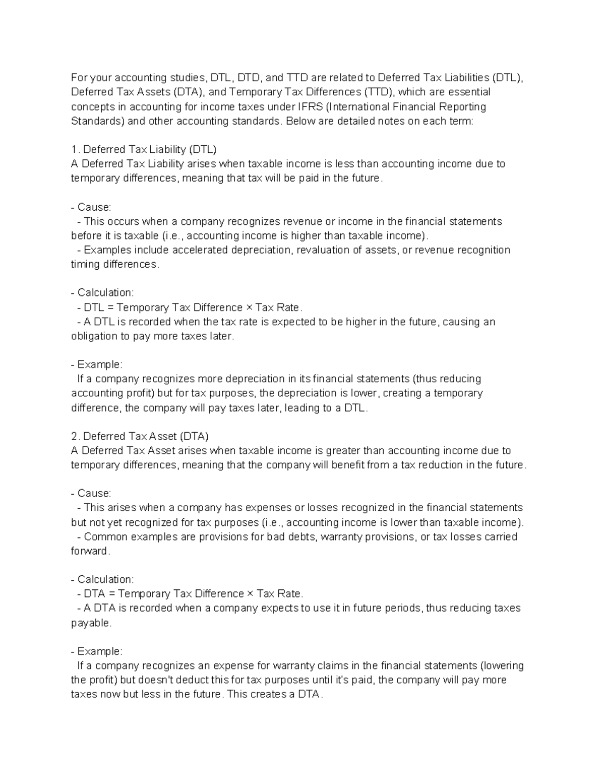 Tax Notes: Summary on DTL, DTA, and TTD for Financial Accounting - Studocu
