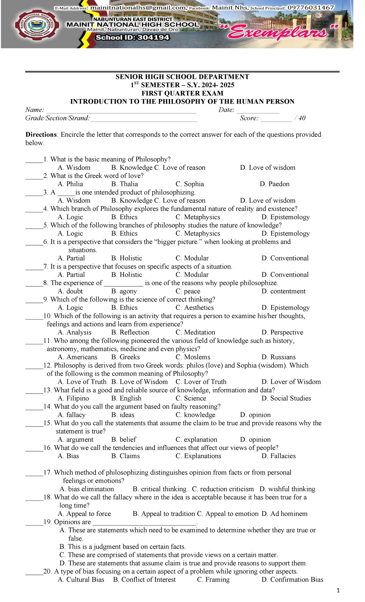 1ST SEMESTER 1ST QUARTER EXAMINATION IN PHILOSOPHY S.Y. 2025 - Studocu