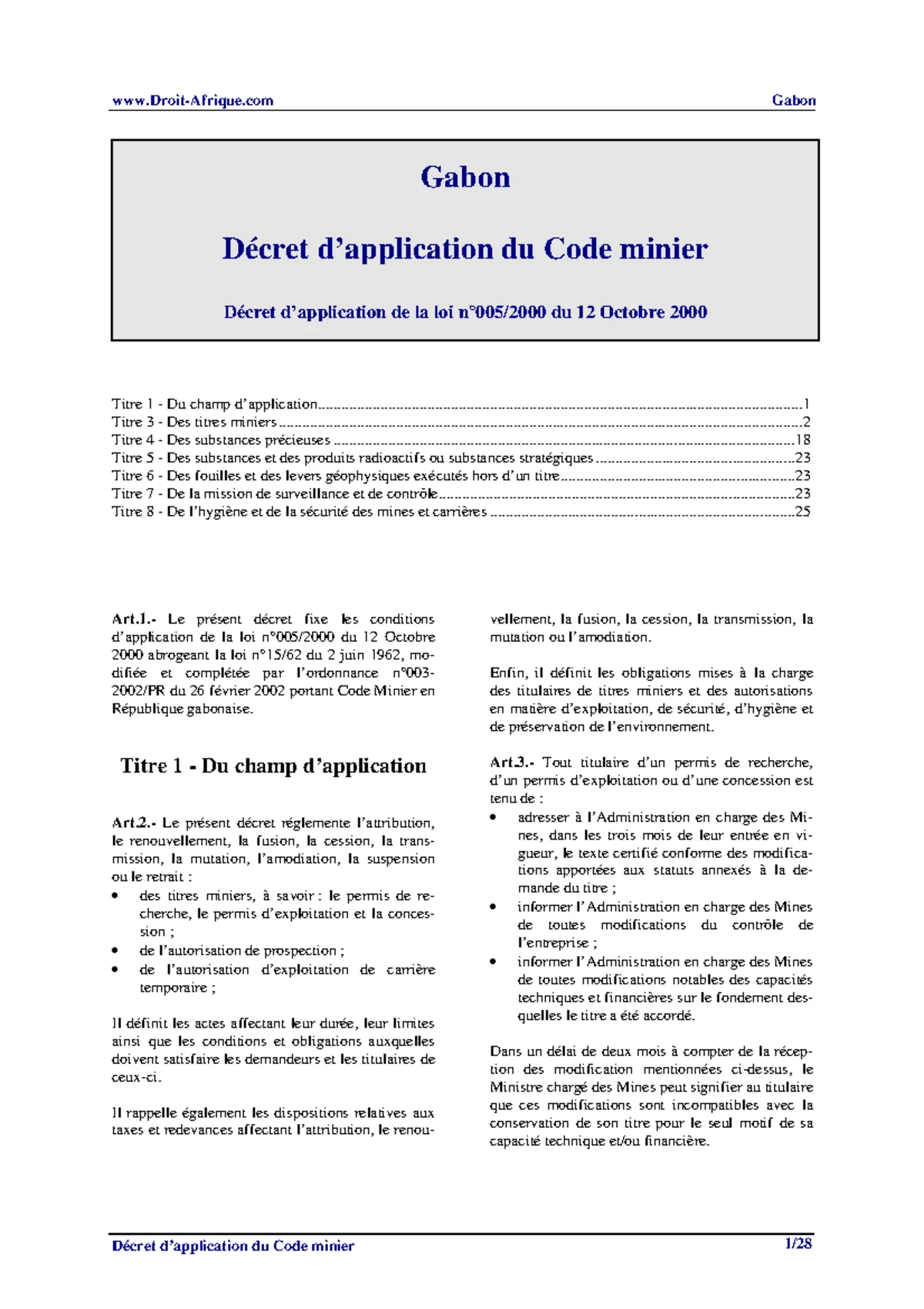 Code Minier Gabon 2000 : Loi du 12 Octobre et Modifications Apportées ...
