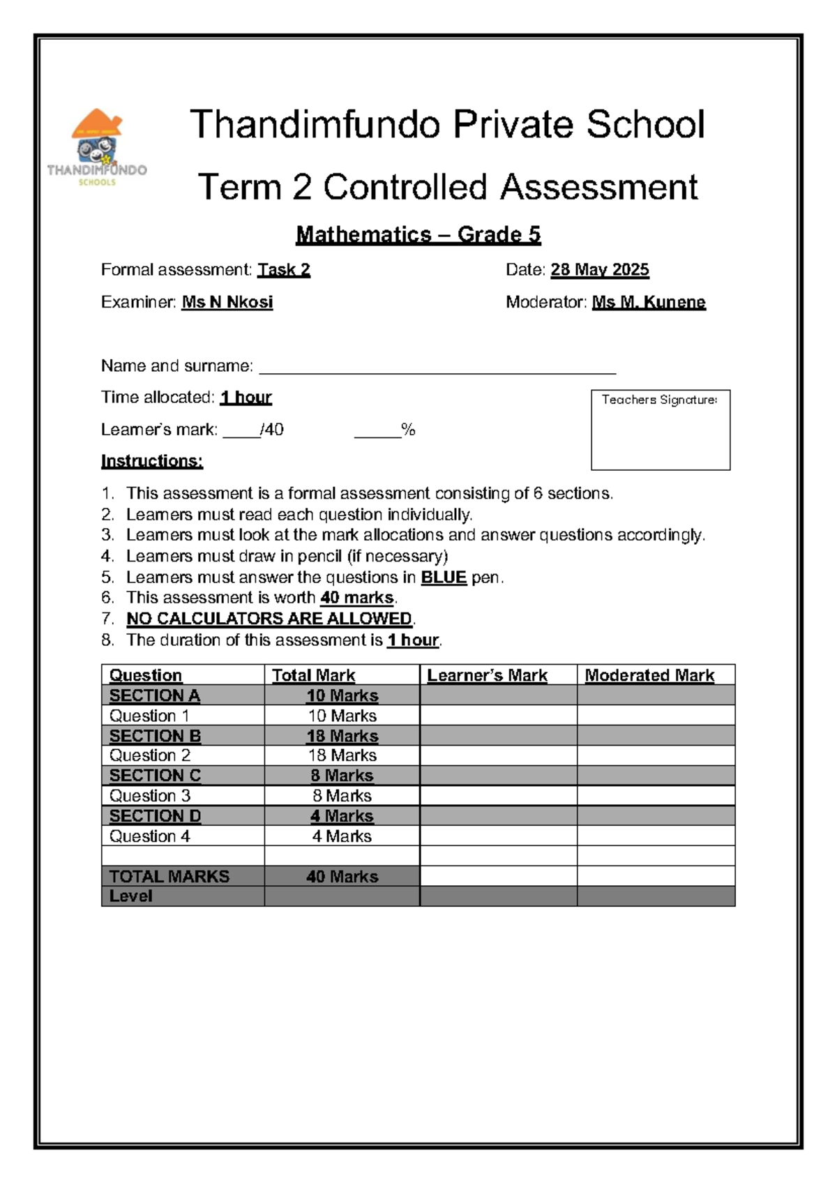 Grade 5 Mathematics Term 2 Controlled Assessment (JUNE) - Studocu
